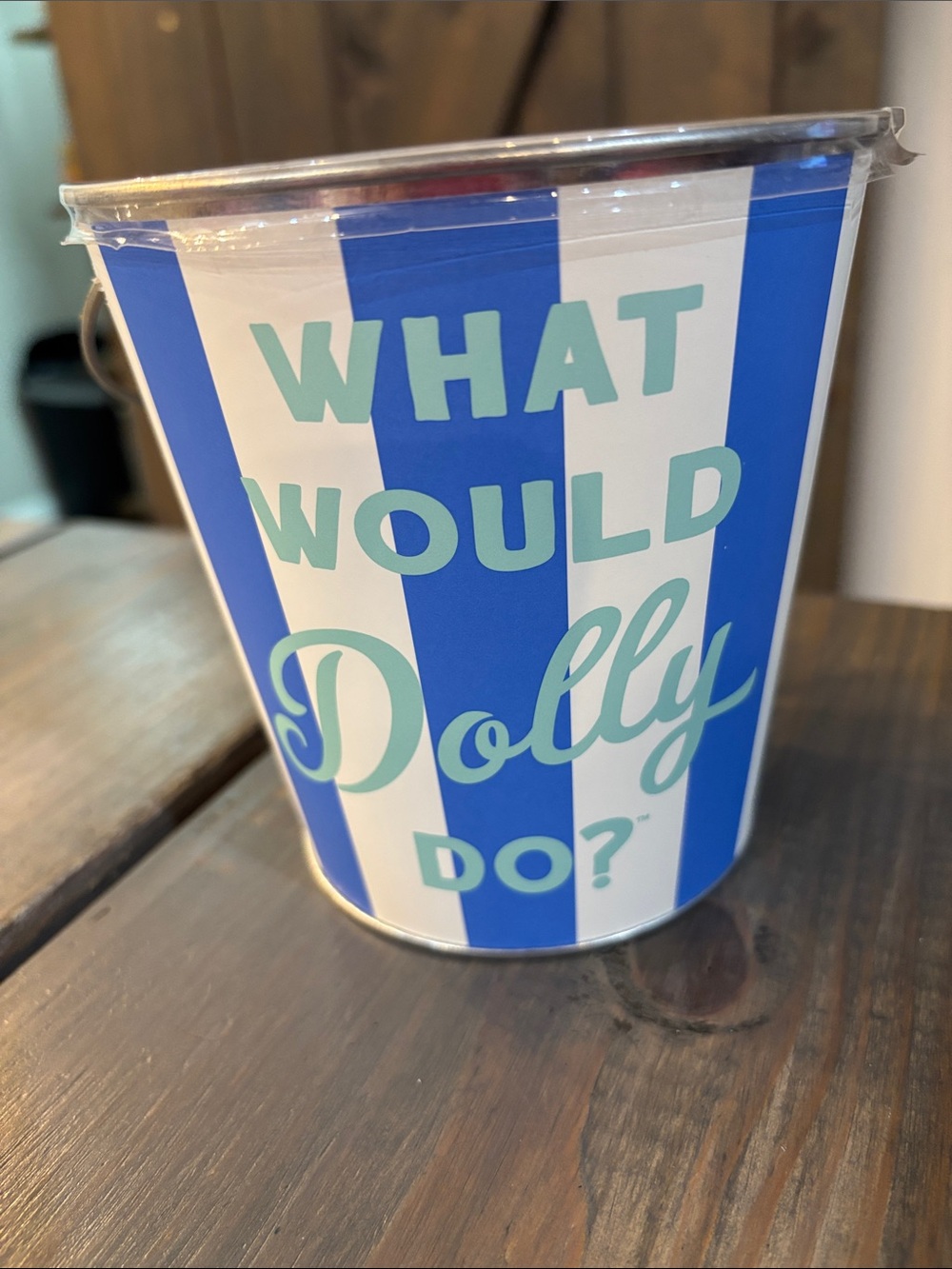 What Would Dolly Do? Blue & White Striped Party Bucket 16 oz cintronella candle